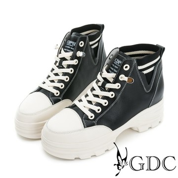 GDC-俏皮簡約風真皮純色免綁帶懶人休閒厚底鞋-黑色