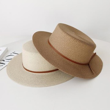 法式平頂草帽女遮陽防曬草編平沿禮帽夏季出游海邊沙灘度假太陽帽