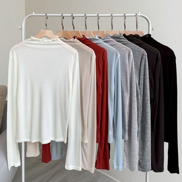 【Fee隔日到貨8色】超彈力木耳邊高領打底棉長袖上衣🔥木耳邊打底衣 彈性透膚上衣 內搭衣 捲邊透膚短袖上衣 女性上衣