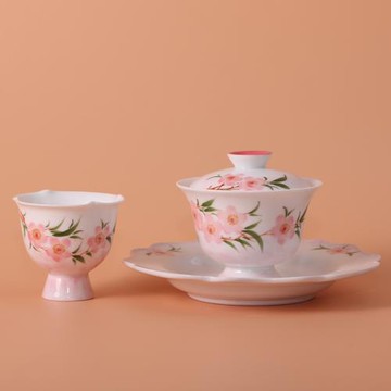 2025年新款茶具套裝釉下彩純手繪桃花蓋碗粉色泡茶碗女生巖茶蓋碗