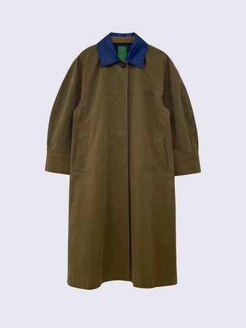 Volume Sleeve Leather Accent Contrast Collar Maxi Coat [GREEN]