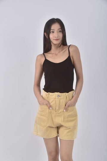 (M) 高腰丹寧牛仔高領厚磅黃色短褲