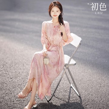 初色 浮雕印花圓領七分長袖綁繩收腰連衣裙連身洋裝長洋裝-粉色-36166(M-XL可選)