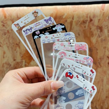 新款卡通邊框彩色高清強化玻璃膜適用於iPhone 4 5 6 7 8 SE 有圖案iPhone7Plus滿版粉色卡通膜