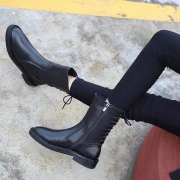 2025秋冬新款英倫風后系帶馬丁靴中筒平底短靴真皮騎士機車靴女