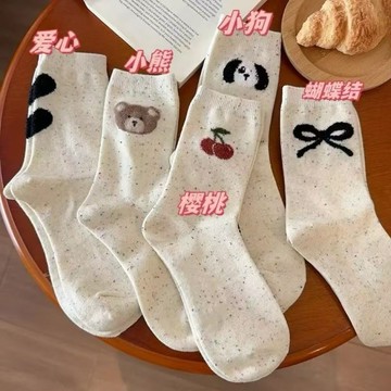新品 秋季 新品 點子紗 純色 ins 可愛小熊 多巴胺 學院女 中筒襪 新款 百搭 舒適 質感 愛心