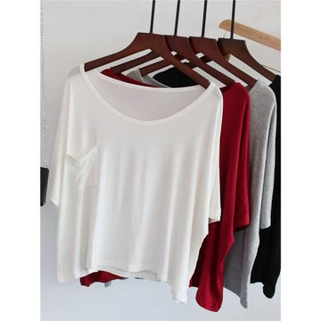 寬松莫代爾罩衫女夏休閑純色短款大圓領百搭顯瘦韓版口袋T恤衫潮