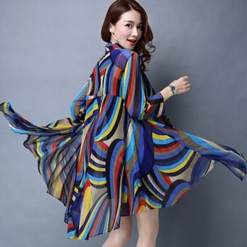 雪紡衫中長版外套-彩條紋不規則下擺時尚女防曬衣73mr1【獨家進口】【米蘭精品】