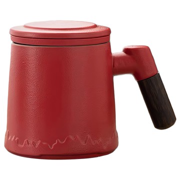 陶瓷木柄茶水分離泡茶杯 紅色  350ml  1個
