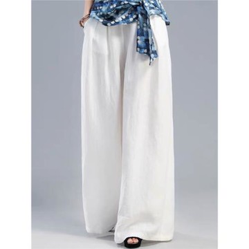 亞麻闊腿褲女春夏秋季純色寬松高腰大腳拖地褲垂感大碼直筒長褲子