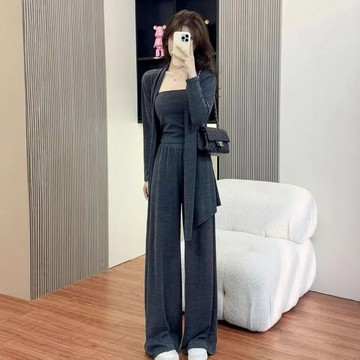 氣質時尚三件套 套裝 一整套 韓式套裝 新款秋季三件套女裝時尚開衫吊帶套裝闊腿褲慵懶休閒氣質抹胸套裝