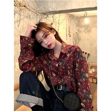 港味MAN風調調花花襯衫女小眾冷淡風復古法式燈芯絨氣質長袖襯衫