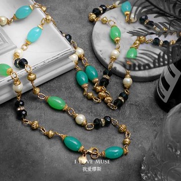 多層大牌獨特毛衣鏈綠色水晶串珠小香風波西米亞綠色高級感長項鏈