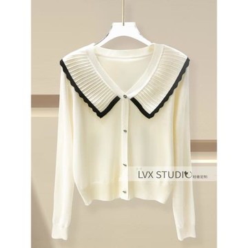 輕奢減齡！撞色荷葉邊翻領氣質甜美顯瘦上衣女小個子娃娃領針織衫