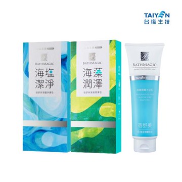 【台鹽生技】蓓舒美海鹽潤膚沐浴乳(250g/條)+海鹽淨膚皂(3顆/盒)+海藻潤澤皂(3顆/盒)
