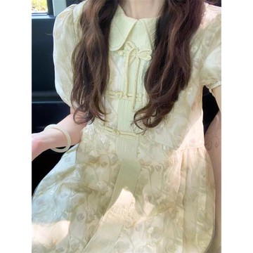 新中式娃娃領泡泡袖盤扣碎花連衣裙女夏季款小個子木耳邊印花長裙