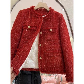 紅色小香風羽絨服外套女2025新款秋冬小個子厚夾棉法式高級感短款