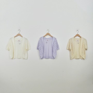 【CUMAR】樹型空花紋貝殼式開襟短袖針織外套 白 米 紫 (魅力商品)