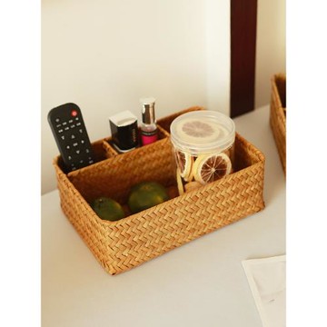 分格收納盒草編收納筐零食筐茶杯藤編桌面整理盒化妝品多格分類盒