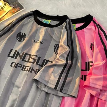 嘻哈hiphop街頭美式復古條紋粉色球衣運動寬松夏季速干短袖T恤男