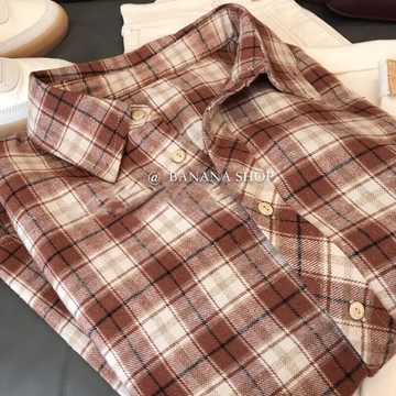 芭那那 復古南瓜橘色格紋~秋日格調！！寬松磨毛休閑翻領襯衫女裝