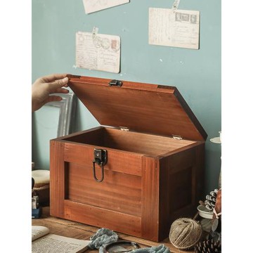 桌面收納盒帶鎖復古木質長方形帶蓋證件儲物盒化妝品箱雜物零錢柜