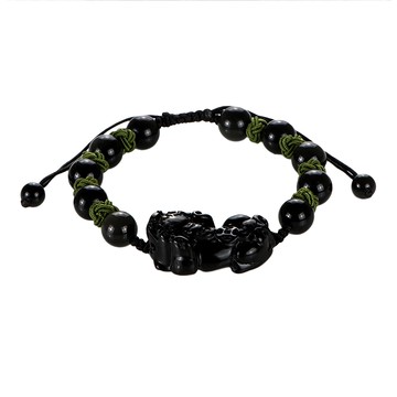 馥瑰馨盛 威震八方貔貅黑曜石手鍊  手圍15~20cm + 圓珠約0.8cm  黑色