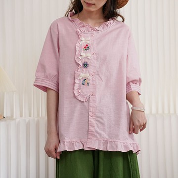 森系綉花蝴蝶結中袖開衫121381C