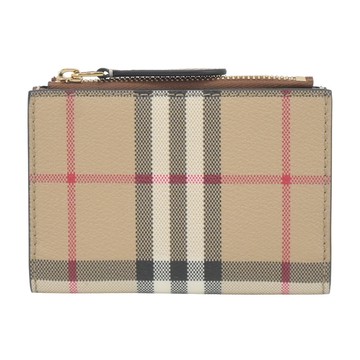 BURBERRY 經典LOGO格紋雙折對開短夾(卡其)