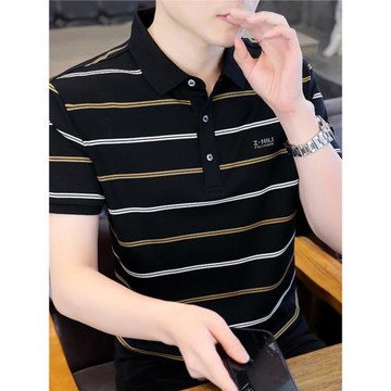 高端絲光棉polo衫男裝商務休閑條紋翻領t恤夏季潮流純棉短袖體恤