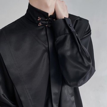 春季復古絲滑醋酸質感垂感襯衫男刺繡高級感禁欲系新中式盤扣襯衣