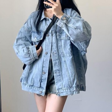 胖胖美依 上衣 牛仔外套 牛仔衫S-XL 新款港味復古水洗牛仔外套寬鬆百搭小個子長袖上衣夾克-8795.