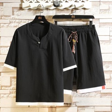 冰絲短袖t恤男夏季套裝中國風男裝半袖v領體恤搭配兩件套男士夏裝
