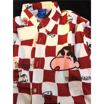 2025夏季新款蠟筆小新拼色半袖襯衣日系ins情侶格子寬松短袖襯衫