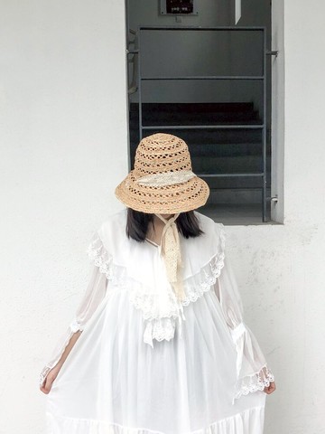 鏤空草帽女日系小清新圓頂蕾絲綁帶草編寬檐漁夫帽韓版出游太陽帽1入