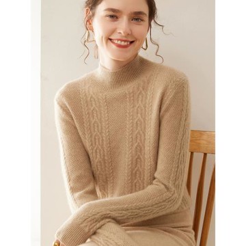 半高領加厚100純山羊絨衫女2024年冬季歐貨重工絞花寬松打底毛衣