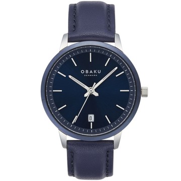 OBAKU 簡約美學紳士皮革時尚腕錶-銀X藍-V270GDHLRL-42mm