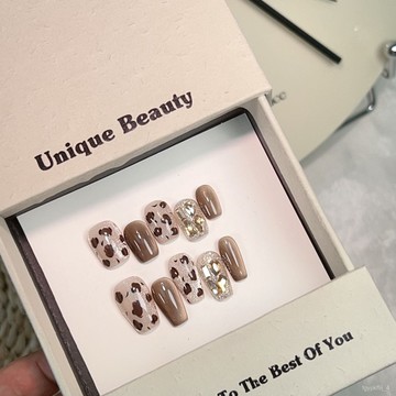 🎀純手工穿戴甲🎀純手工穿戴甲棕咖色豹紋貓眼鑲鑽美甲貼片純慾風氣質簡約溫柔新年美甲貼片顯白美甲片高級感穿戴甲 IYDW