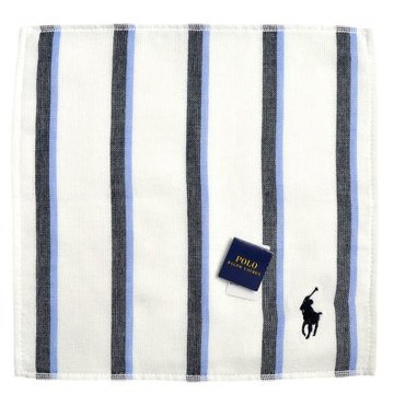 RALPH LAUREN POLO 紳士款直條純棉材質小方巾(白底)