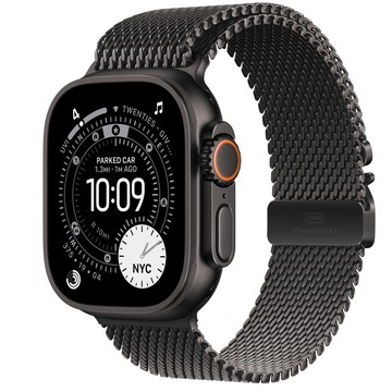 Apple Watch Ultra 3 (GPS + 行動網路)；49 公釐黑色鈦金屬錶殼；黑色鈦金屬米蘭式錶環 - L