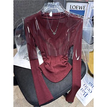 打底衫女2025新款V領長袖t恤春秋設計感修身氣質顯瘦內搭上衣高級