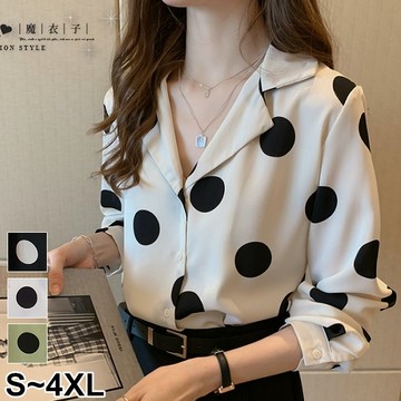 【QV3272】魔衣子-V領圓點波點長袖襯衫
