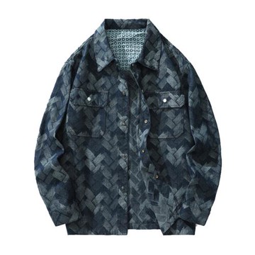 提花襯衫式牛仔外套男士寬松大碼秋季翻領夾克加肥加大胖子男裝潮