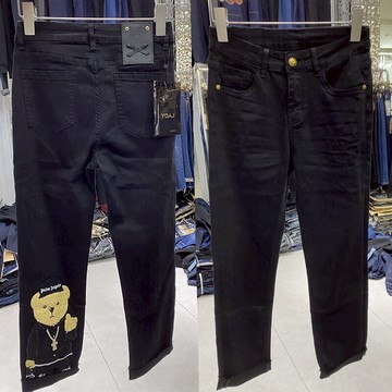 歐貨時尚秋季新款褲腿小熊可愛直筒褲女牛仔褲高腰彈力顯瘦潮