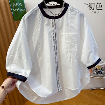 初色 通勤寬鬆拼接撞色胸口袋單排釦圓領五分袖娃娃衫襯衫上衣女上衣-白色-12585(M-2XL可選)