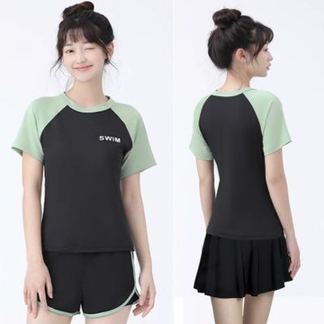 Biki.泳衣短袖短裙學生保守芮康M-3L三件式泳裝