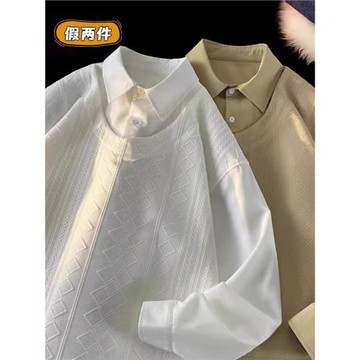 日系復古假兩件POLO領襯衣春秋學院風寬松背心馬甲拼接襯衫外套男