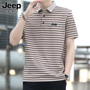 吉普短袖t恤男士2025夏季新款商務條紋上衣服寬松翻領polo衫男裝