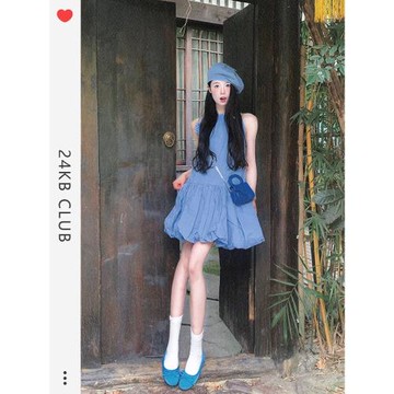 靈動浪漫少女感藍色花苞連衣裙女夏季新款背心裙法式設計感裙子