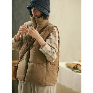 獨上織造 蓬松的大地 90白鴨絨全亞麻羽絨馬甲女馬夾坎肩內搭冬季